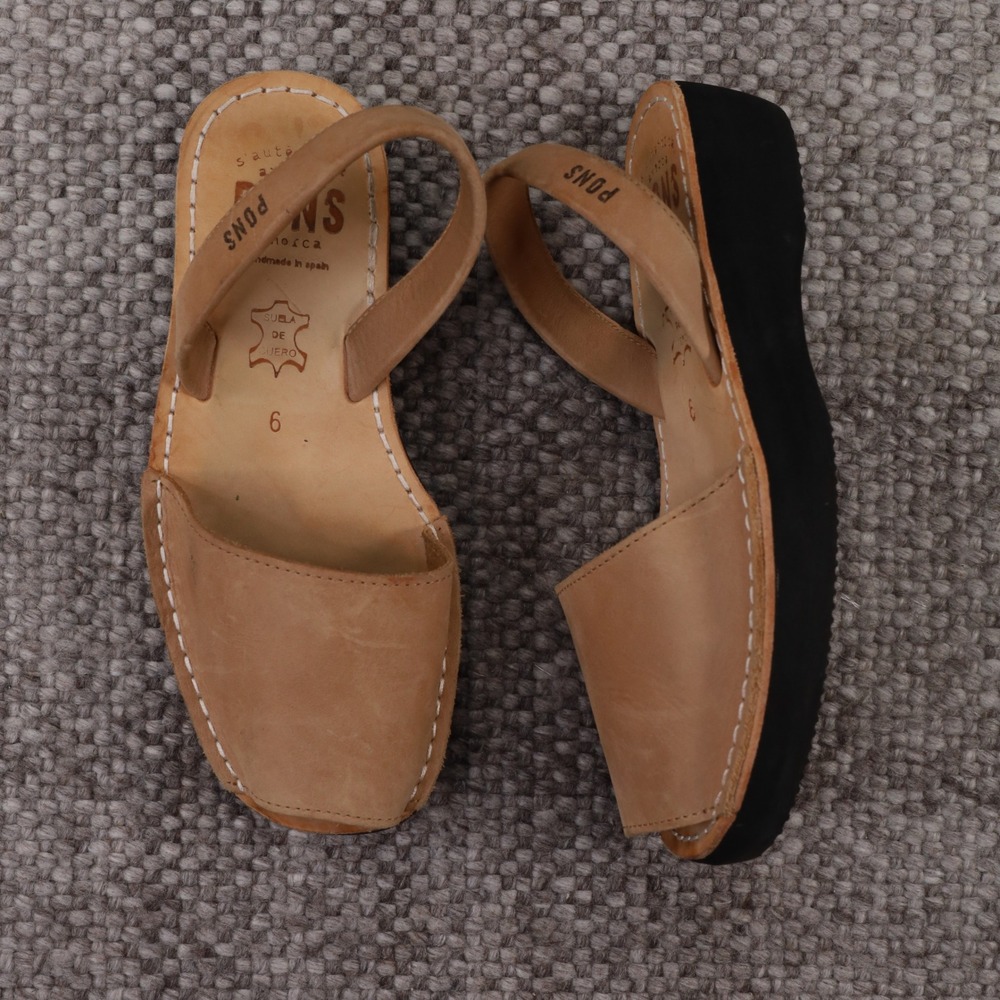 Pons Avarcas Platform Sandals Womens 6 Raw Tan Leather Spain Wedge Peep Toe